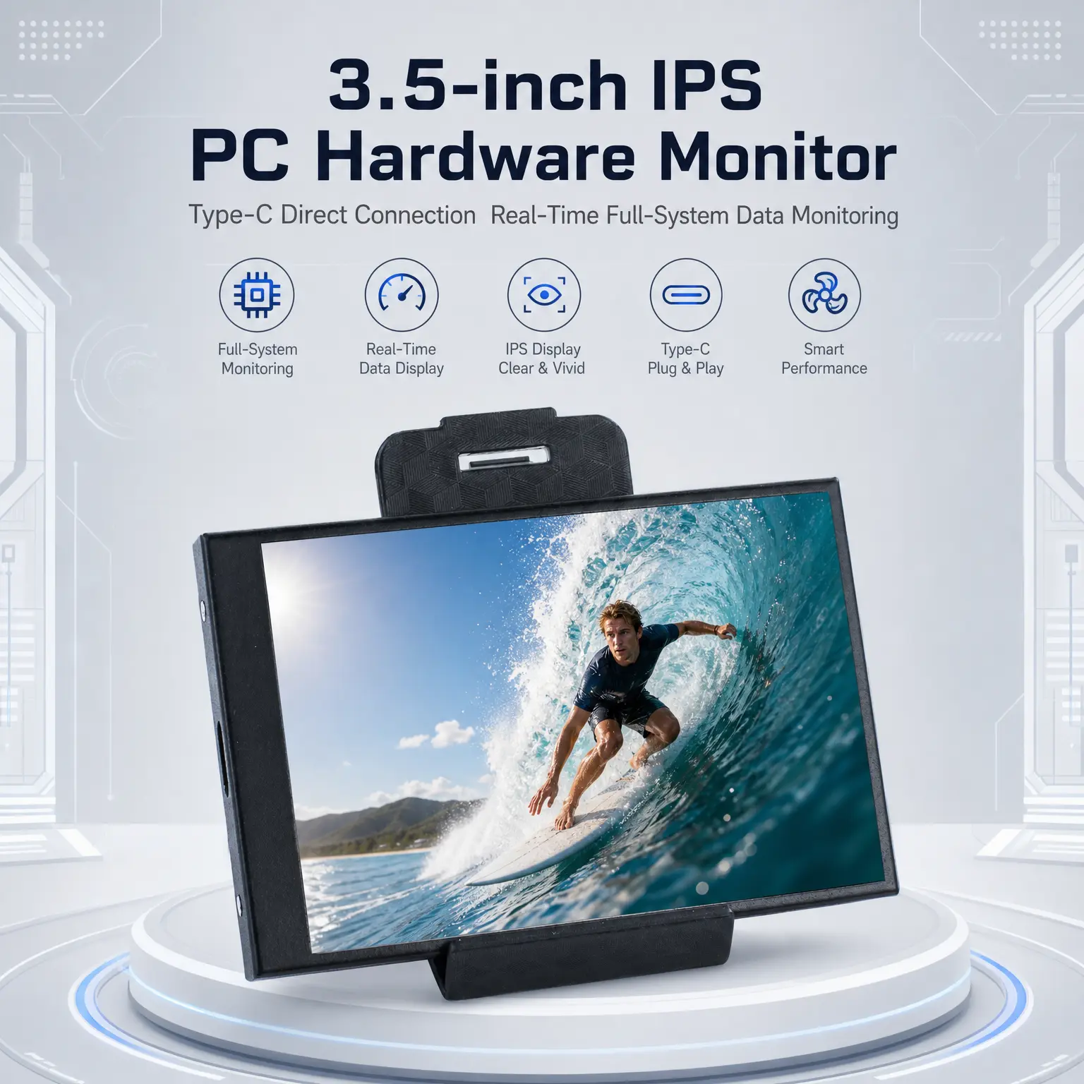 3.5-inch IPS USB computer monitor for real-time tracking of CPU/GPU/memory usage statistics, mini USB sensor panel, plug and play 3.5-inch PC data monitoring screen