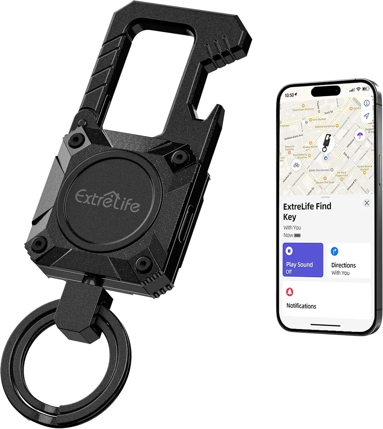 ExtreLife Keychain, Works with Apple Find My, Bottle Opener, Carabiner Car Key Chains with Gps Tracker