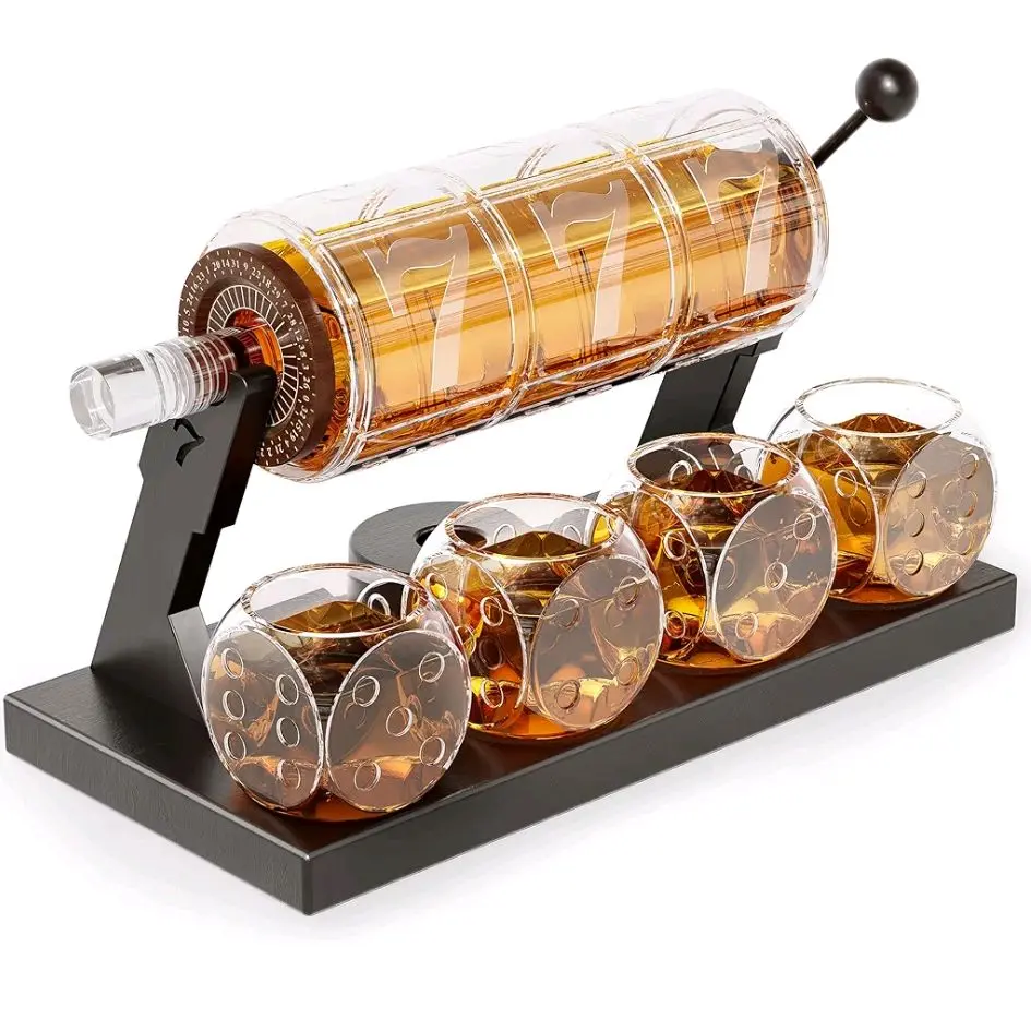 Slot Whiskey Decanter Set for Men, 50.7 Oz Casino Style Whiskey Decanter with 4 Dice Glasses, Birthday Gifts for Men Dad, Him, Boyfriend, Guy, Liquor Dispenser for Anniversary, Bar Accessory