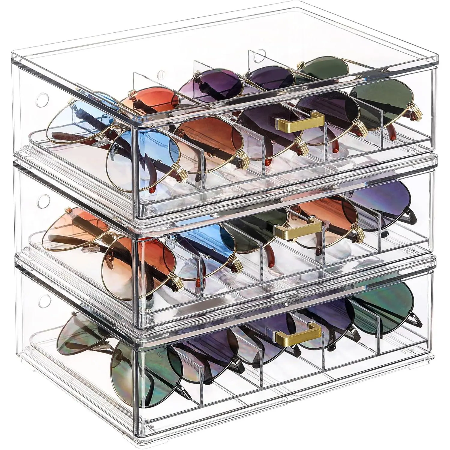Clear  Sunglasses Organizer, Stackable Eyeglass Storage Case with  Handles, Glasses Display Holder