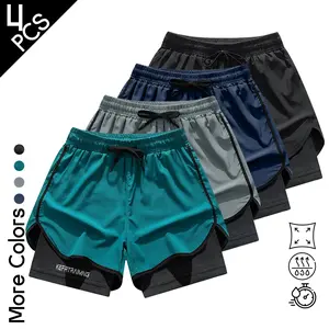 4PCS Men's 2-in-1 Performance Sports Shorts, Breathable Quick-Drying Athletic Shorts with Compression Liner, Trendy Summer Casual Workout Shorts for Gym, Running & Training