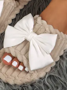 Women's New Bowknot Slippers with Cherry Decoration, Plush Anti-Slip Home Shoes, Outdoor Slip-Ons, Textile Upper, Tpu Sole, All Seasons