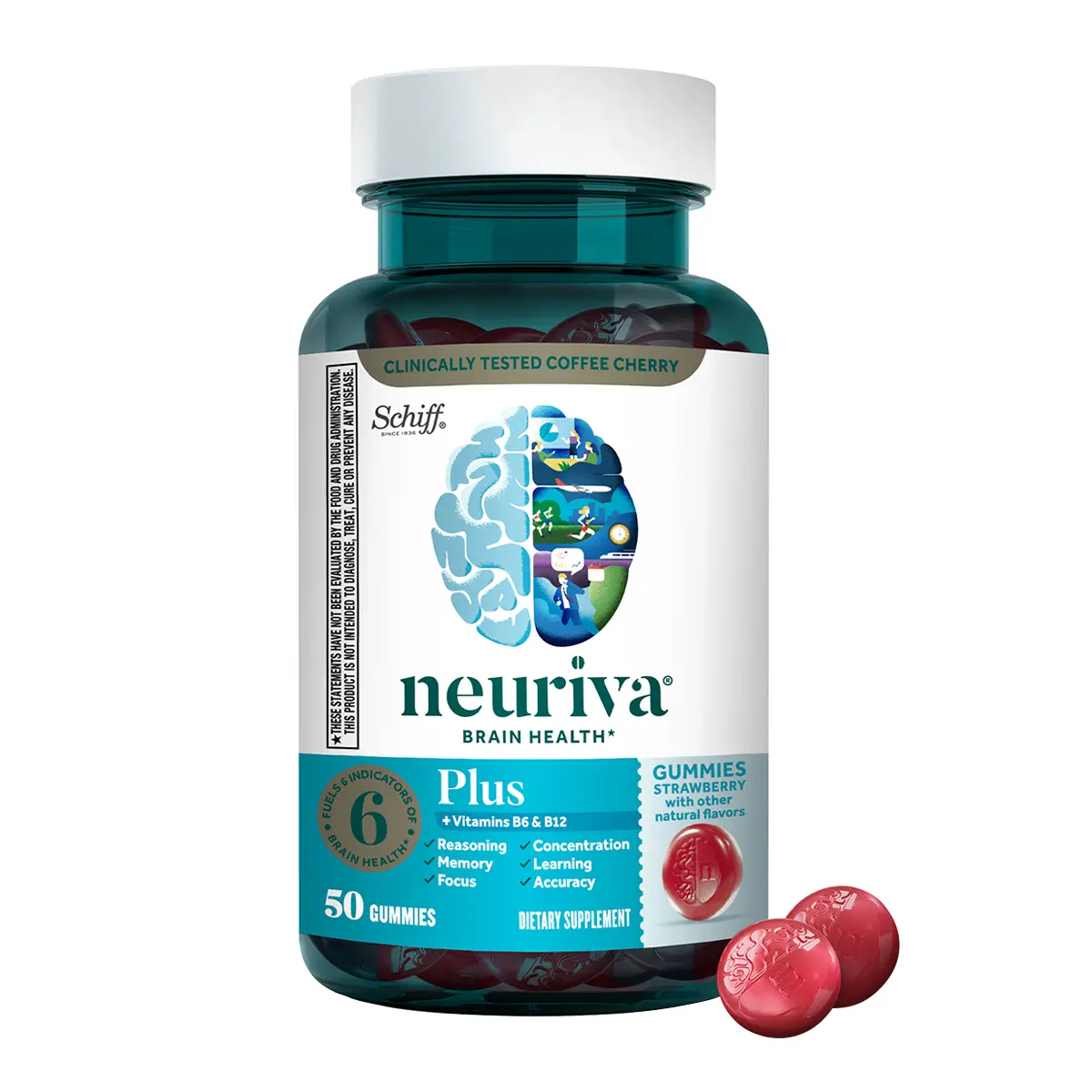 NEURIVA Plus Brain Supplement For Memory,Focus & Concentration+Cognitive Function with Vitamins B6 & B12 and Clinically Tested Nootropics Phosphatidylserine and Neurofactor,50ct Strawberry Gummies, B Vitamin Complex, Dietary