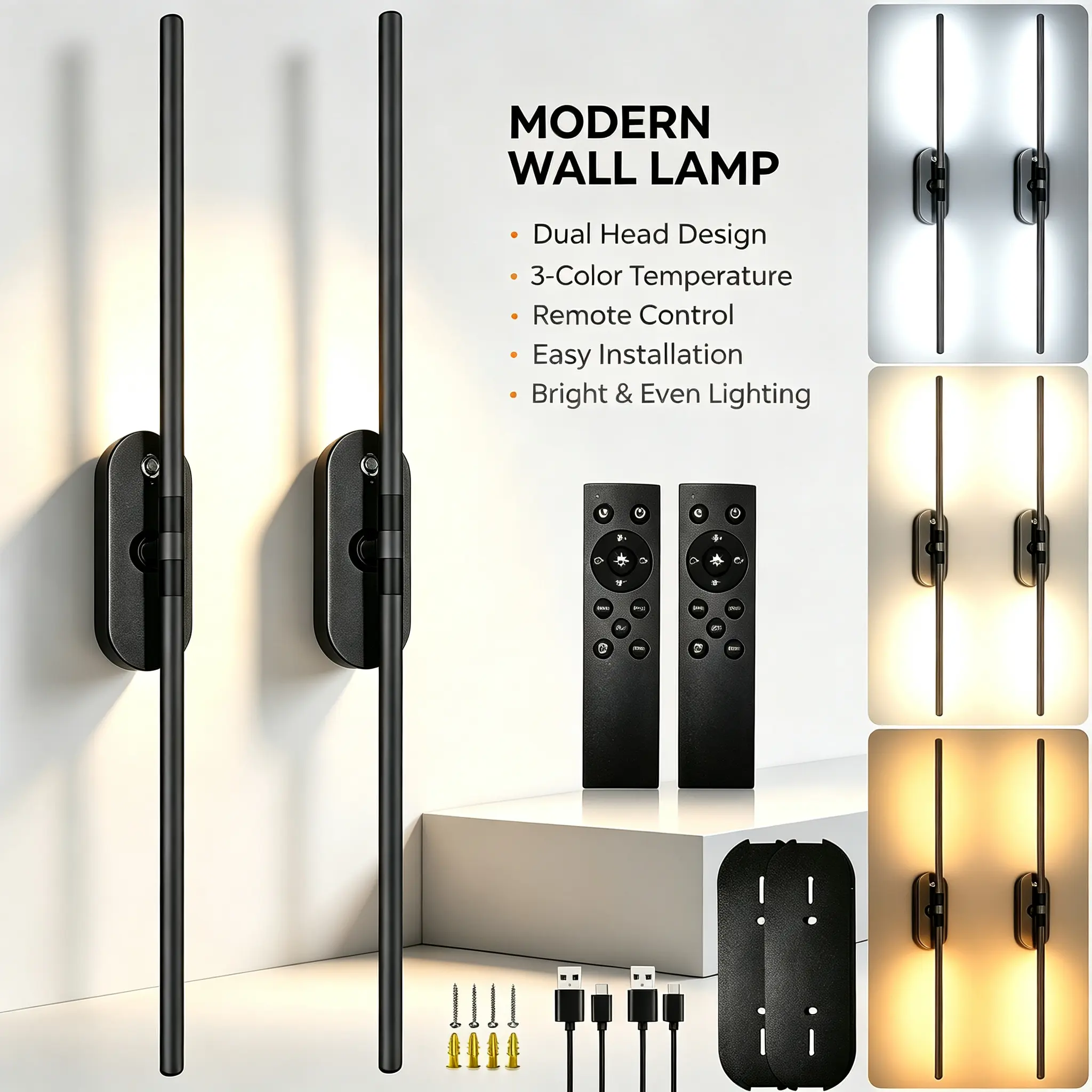 Black Rechargeable Wall Sconces (Set of 2) - 31.5in 10000mAh Large-Capacity Battery-Operated Wireless Wall Lamps with Remote Control, 3000K-6000K Dimmable 360° Rotatable Indoor Fixtures for Bedroom, Living Room