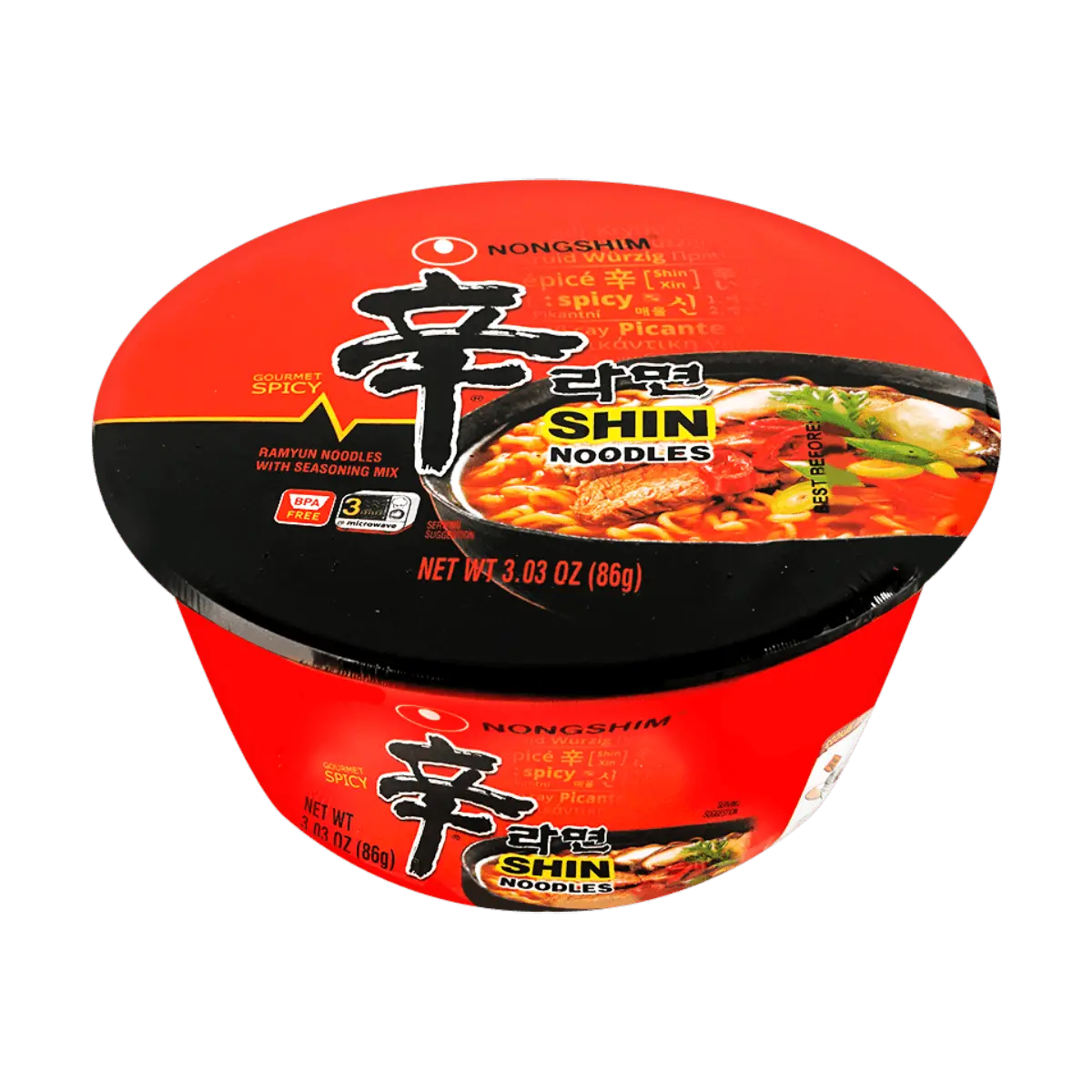 Nongshim Shin Ramyun Bowl - Classic Korean Instant Noodles, Spicy Beef Flavor, 86g