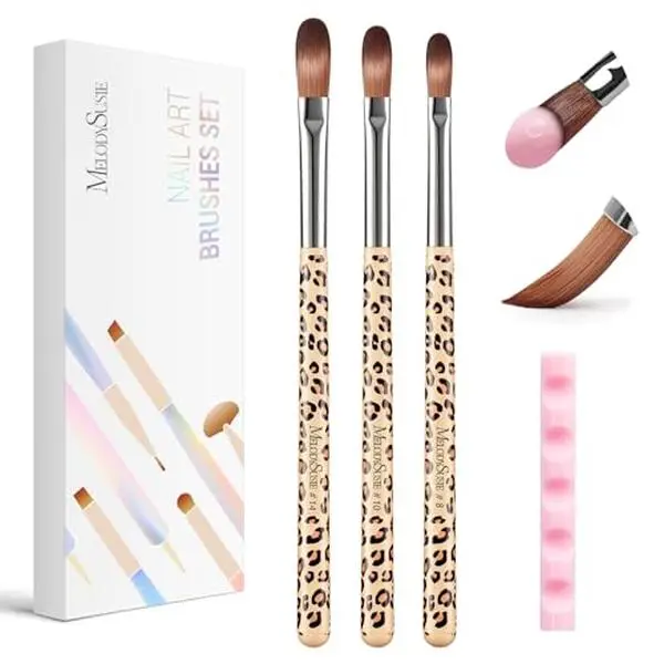 MelodySusie 3Pcs Acrylic Nail Brush Set, Size 8/10/14 Professional Milk Coffee Color Wooden Handle Pen with Pen Holder, DIY Home Nail Salon Tools