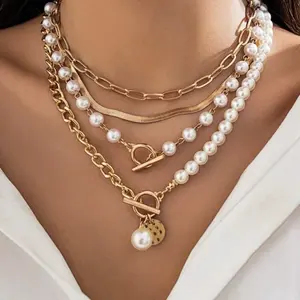 Pearl necklace. Set of 4 Pearl and Gold Necklaces. Fashion Necklaces.