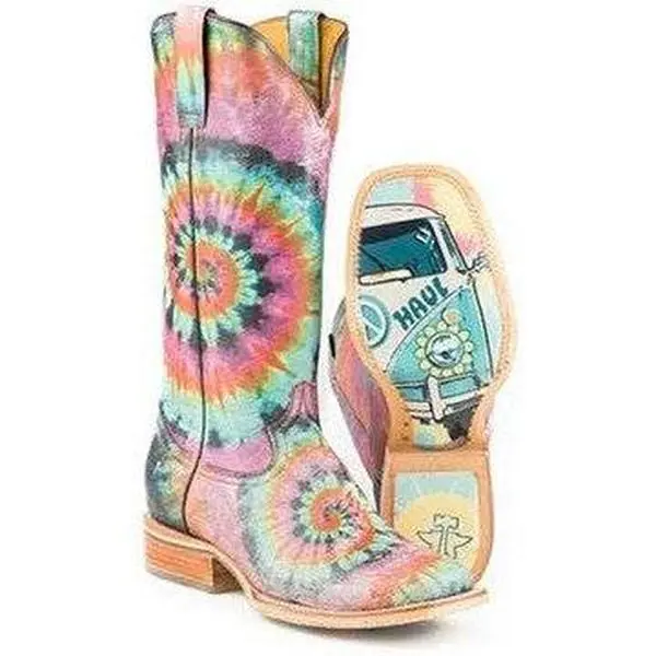 Women's Tin Haul Groovy Boots With Tie Died Camper Sole Handmade Pink