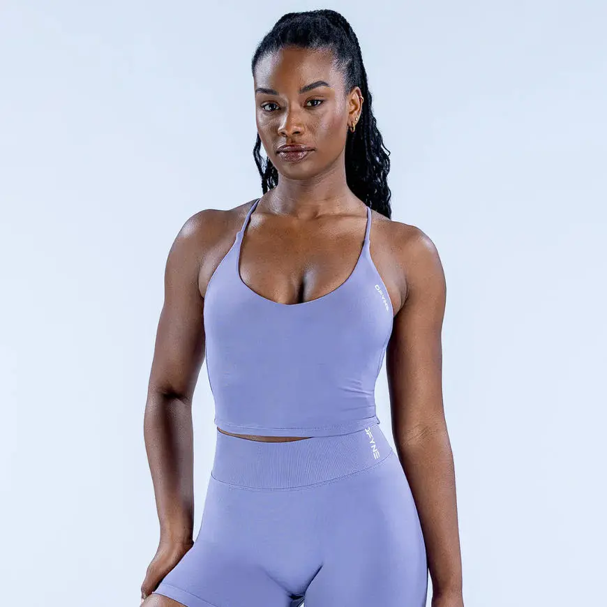 (With Logo)DFYNE Criss Cross Back Workout Set - Seamless Crop Tank Top & High Waist Biker Shorts 2-Piece Compression Outfit for Women