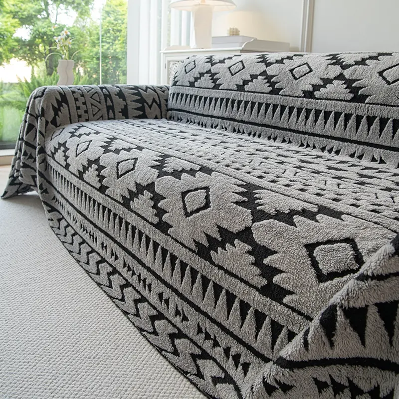 1pc Sofa Cover Boho Style Plush Sofa Blanket, Geometric Patterns, Washable Sofa Protector, Reusable Winter Decor, Ideal for One to Four Seater Sofas, Washable Couch Covers