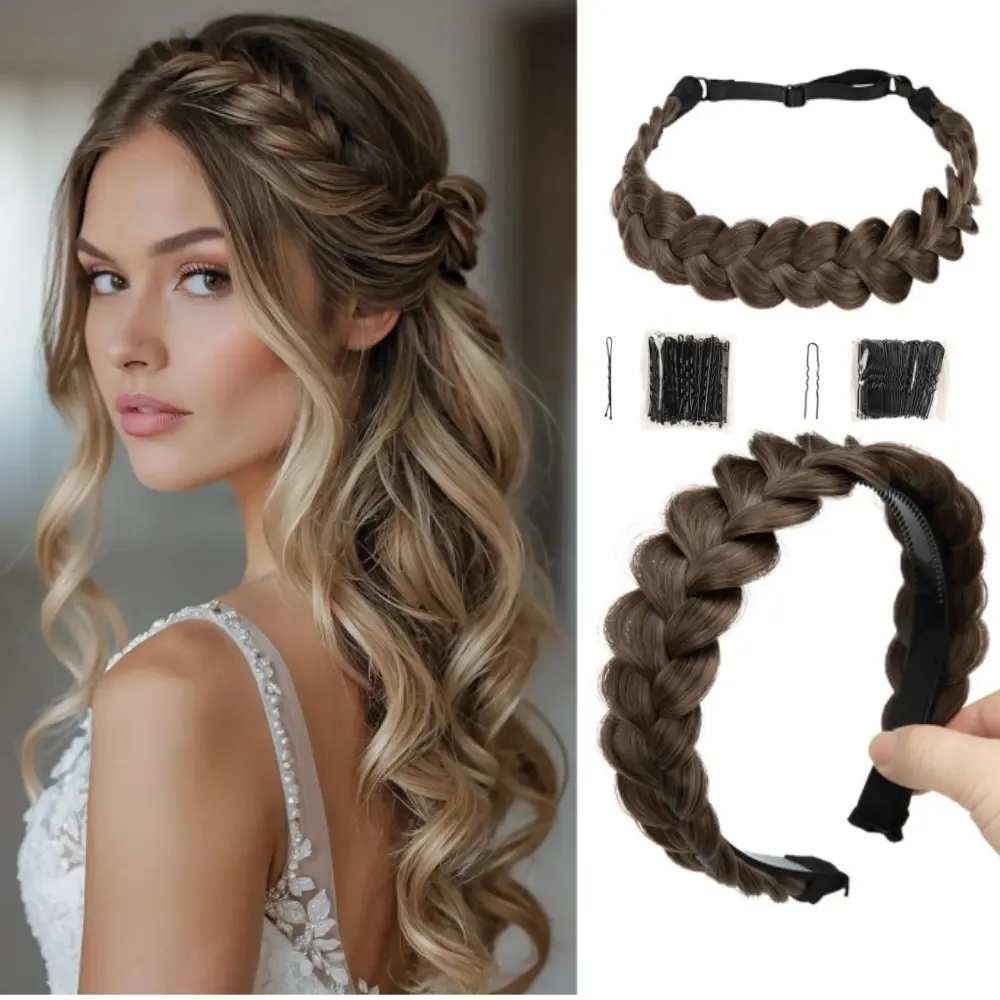 102PCs Braided Headbands Hair Piece for Women Synthetic Hair Hoops Head Bands Handmade Braid Hairband Accessories Elastic Stretch Headwrap Coffee Brown