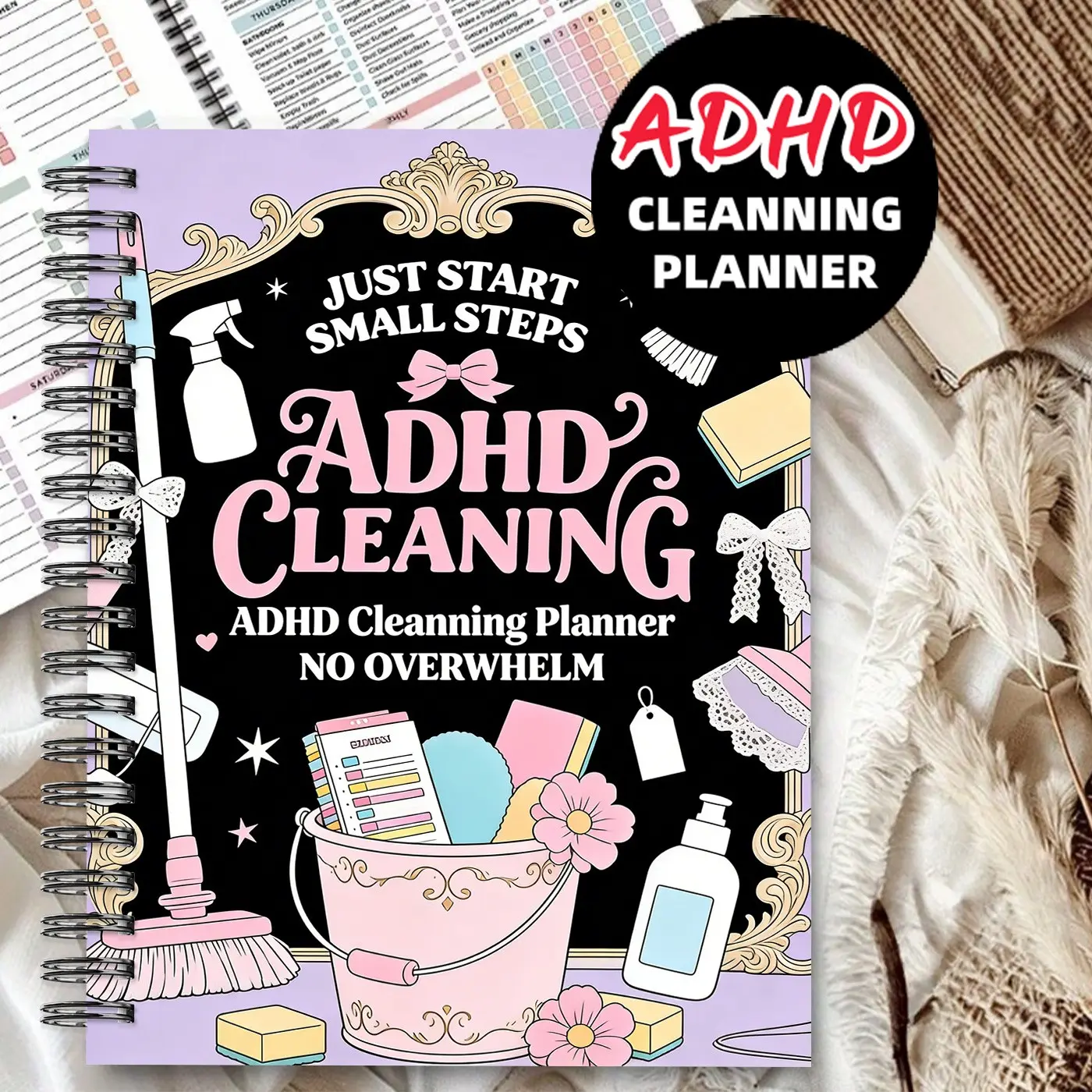 1 Pink Motivation ADHD Cleaning Planner, Household Cleaning Planner, Spiral bound journal notebook - Ideal for breaking down cleaning tasks into actionable steps, perfect for friends struggling to start big tasks, a gift