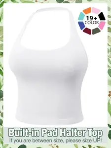 Women's Solid Removable Chest Pad Sports Tank Top, Casual Comfort and Durability Halter Neck Sports Top for Yoga Gym Workout, Ladies Sportswear for All Seasons, Pilates Yoga Wear
