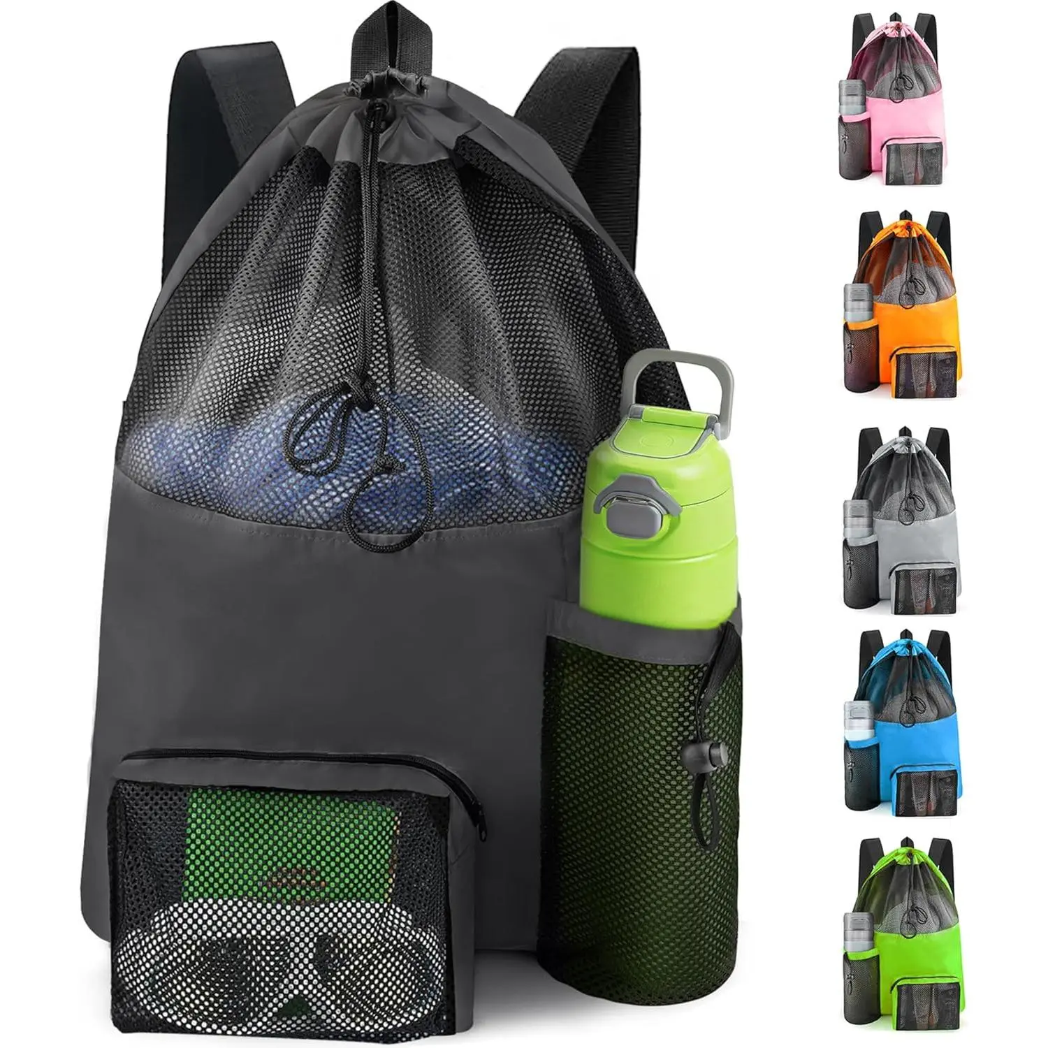 Swim Mesh Beach Bag, Waterproof Gym Bags for Women and Men, Large Pool Bag Swimming Gear Drawstring Backpack