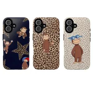 Cute Monkey Tough Phone Case Fun Cartoon Design with Leopard Print Background Gift for Fans Curious George Protective Cover for iPhone 11-17 Pro Max Shock-Resistant TPU Lining