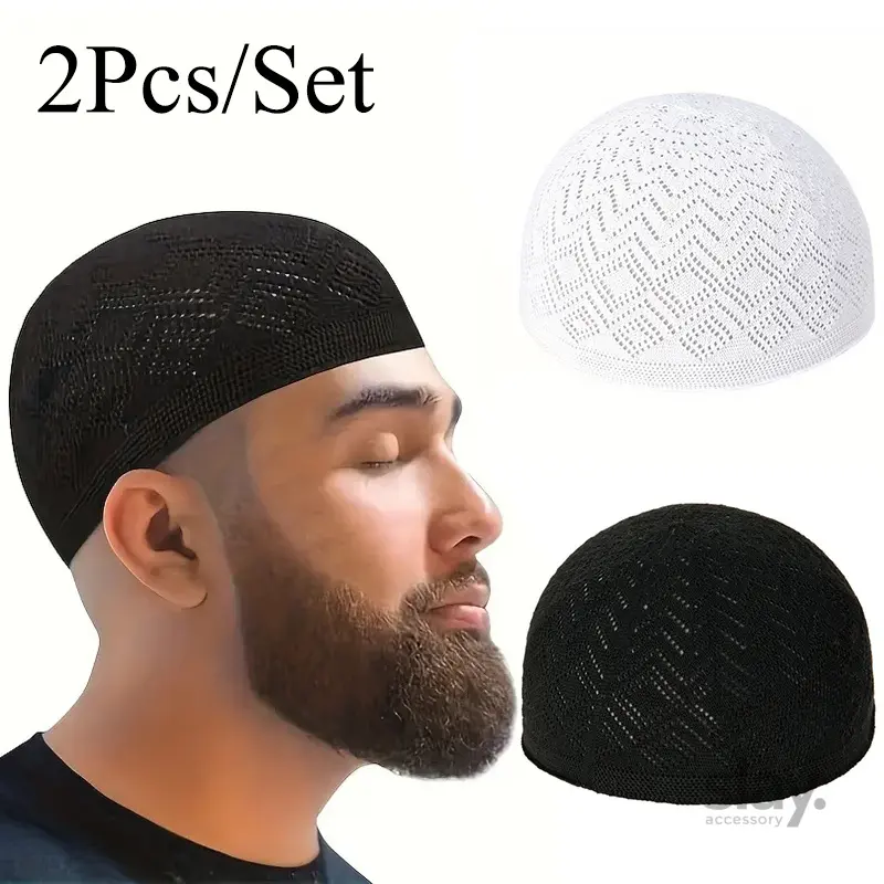 Men's 2-Piece Knitted Polyester Kufi Cap Set, Traditional Lightweight Prayer Hat for Ramadan Celebrations, Adjustable Toggle, Machine Washable, Men's Hats, Men's Muslim