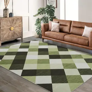 GARVEE Machine Washable Plaid Checkered Design Non-Slip Rubberback Runner Rug Modern Abstract Geometric Print Carpet Traditional Area Rug for Hallway,Kitchen,Bedroom,Living Room,9x12,Green and White