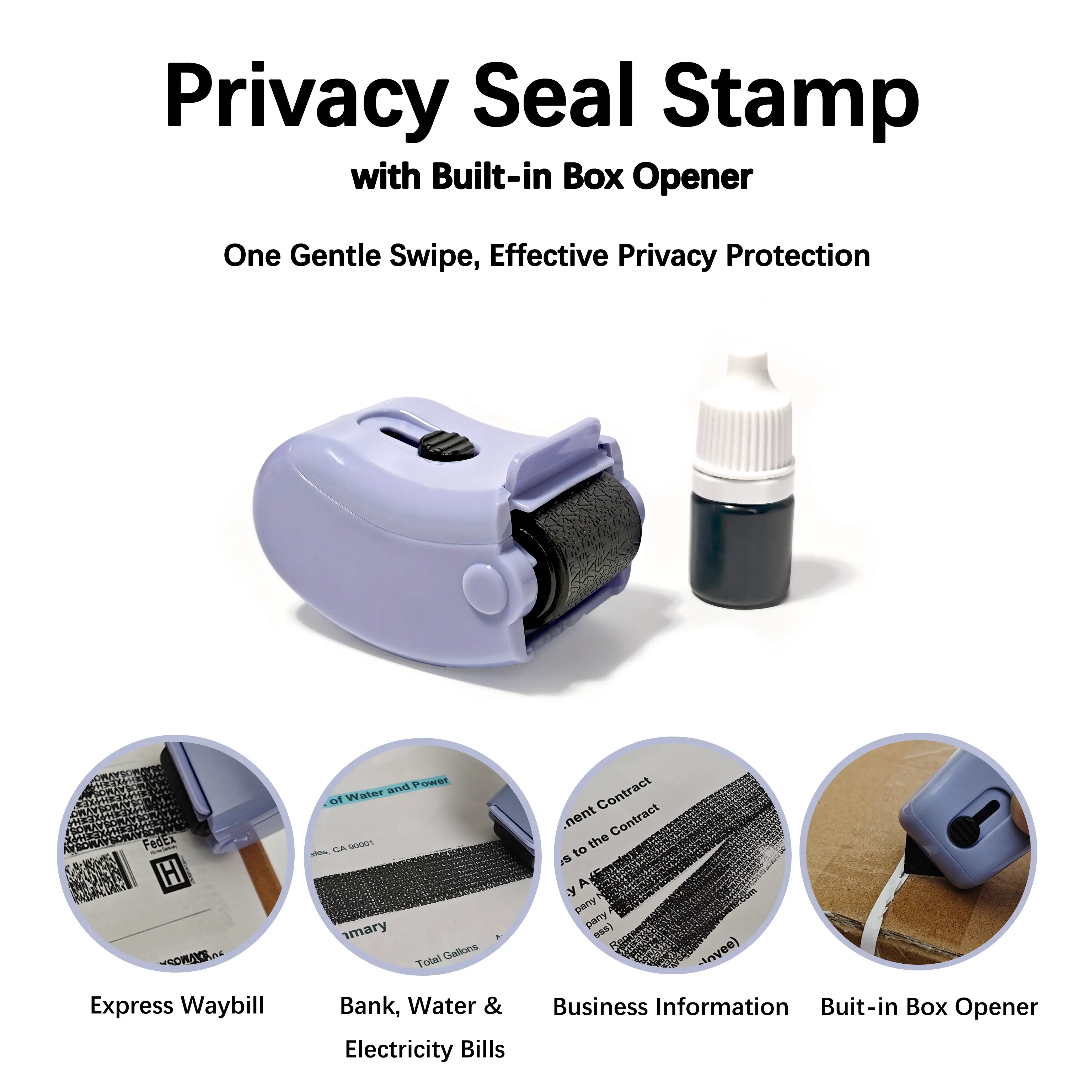 Privacy Protection Security Roller Stamp with Built-in Box Opener Address Billing Shipping Info Blocker 100m Coverage Reusable Ink Refillable All-in-One Cap Home Office Essential