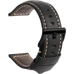 Leather Watch Band 20mm 22mm 24mm - Black  Soft Watch Strap for Men Thickly - Padded  Watch Bands Bracelet w/Black Clasp Buckle Replacement