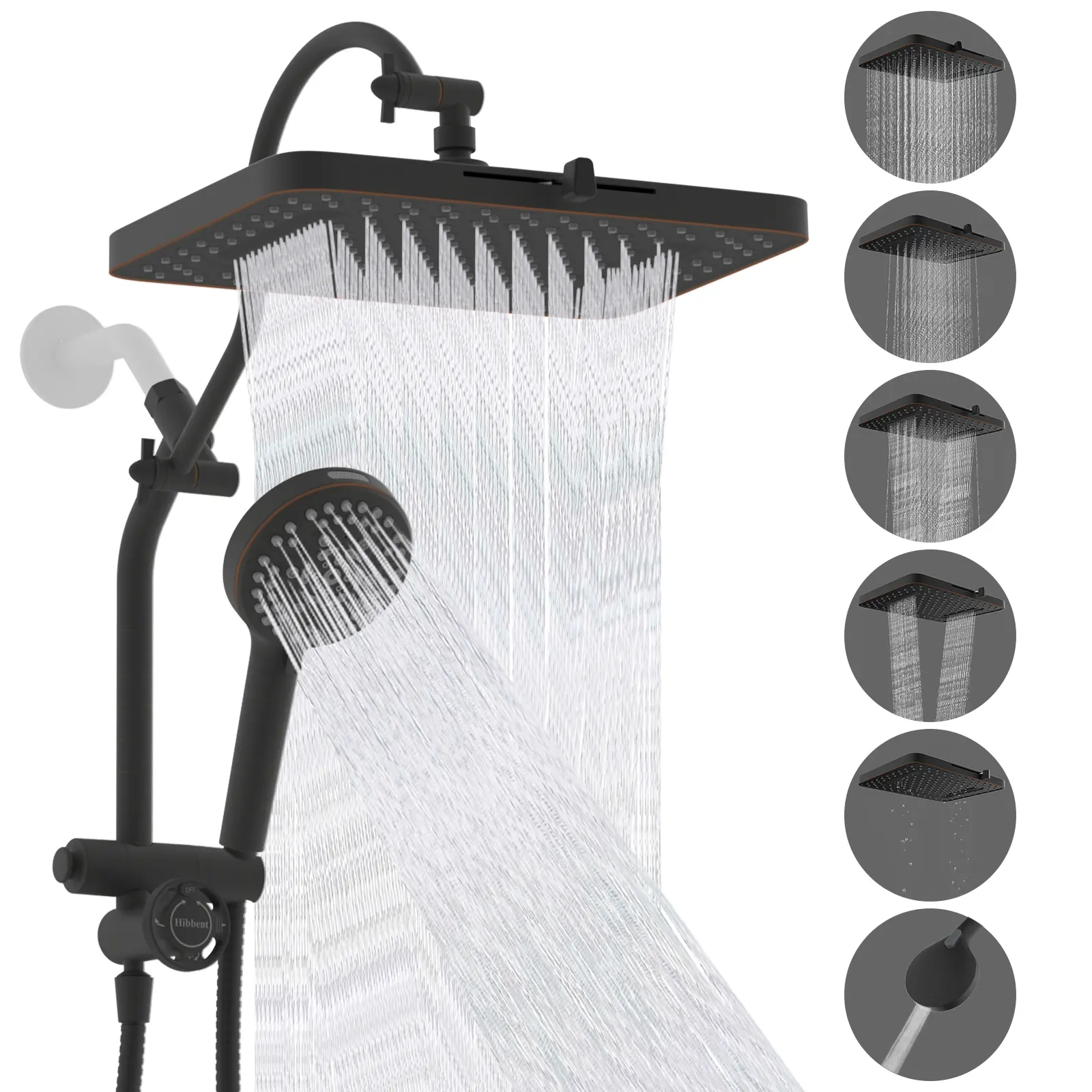 Hibbent Upgraded 13-in Shower Heads Set, High-Pressure 5-Spray Rainfall Fixed Showerhead, 10-Spray Handheld Shower, All-Metal Easy-Reach 4-Way Diverter with Pause Mode, 71-in Hose, Matte Black Holder,home essentials