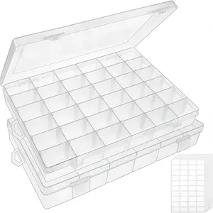 Paquete de 2 cajas organizadoras de cuentas de plástico transparente de 36 rejillas, organizador de compartimento de aparejos de pesca con divisores ajustables para joyas, manualidades
