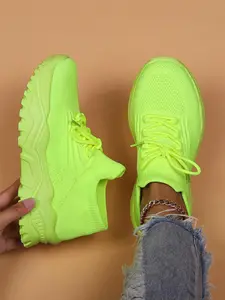 Women's Simple Plain Low Top Sports Running Shoes, Casual Versatile Outdoor Sports Walking Shoes, Knit Breathable Comfortable Chunky Sneakers Lace up Front Sneakers, Knitted Running Shoes