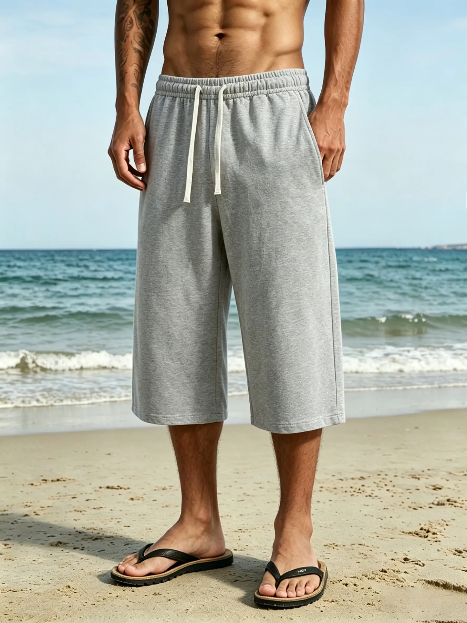 Men’s summer solid-color knit three-quarter casual pants, loose straight athletic pants, comfortable and breathable