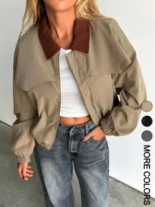 Women's Casual Colorblock Collar Woven Fitted Jacket, Ideal for Spring and Fall, Perfect for Graduation and Back to School Seasons