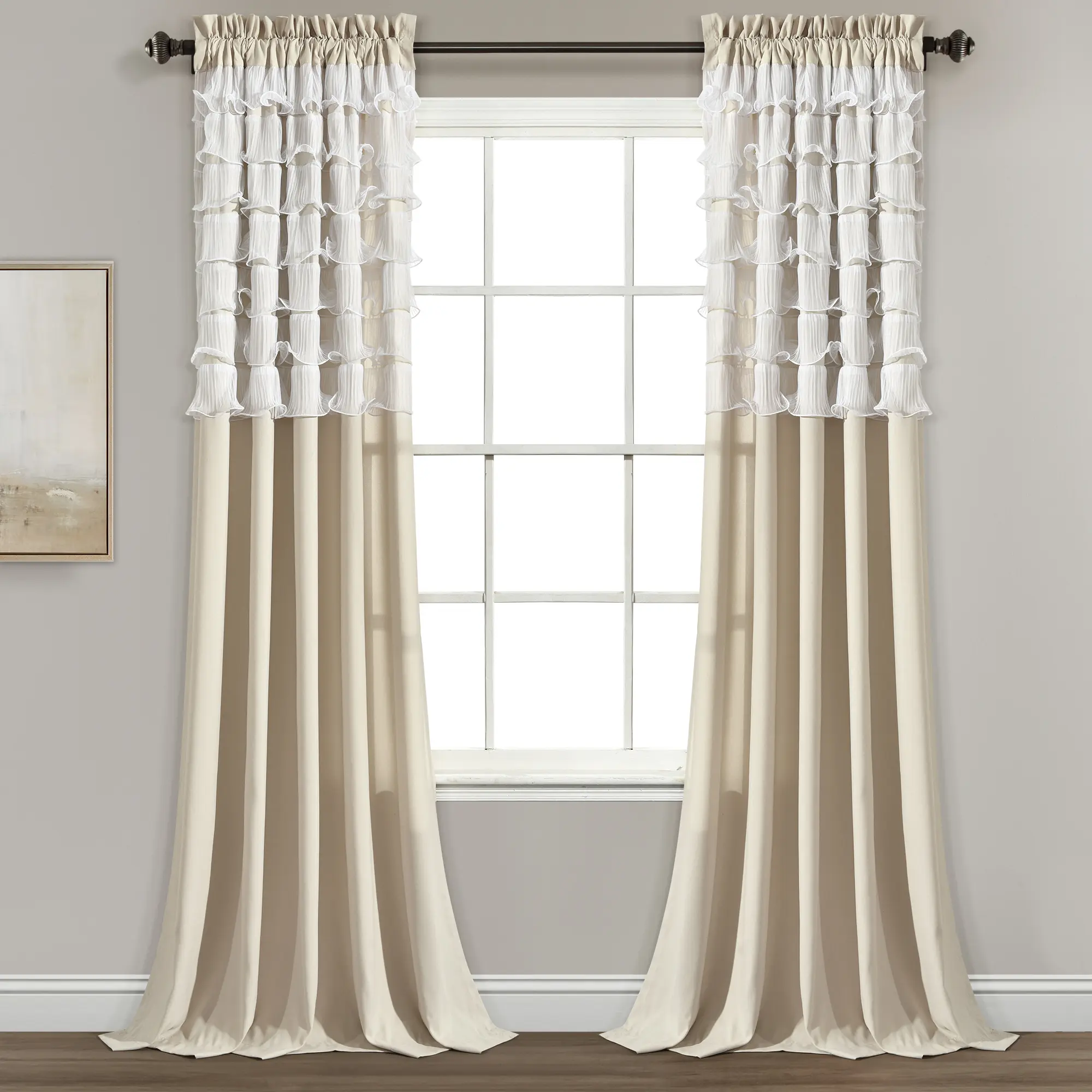 Lush Decor Avery Lightweight Window Curtain Panels - Set of 2, Neutral Ruffled Design, 54x84+2 in, Lightweight Curtains