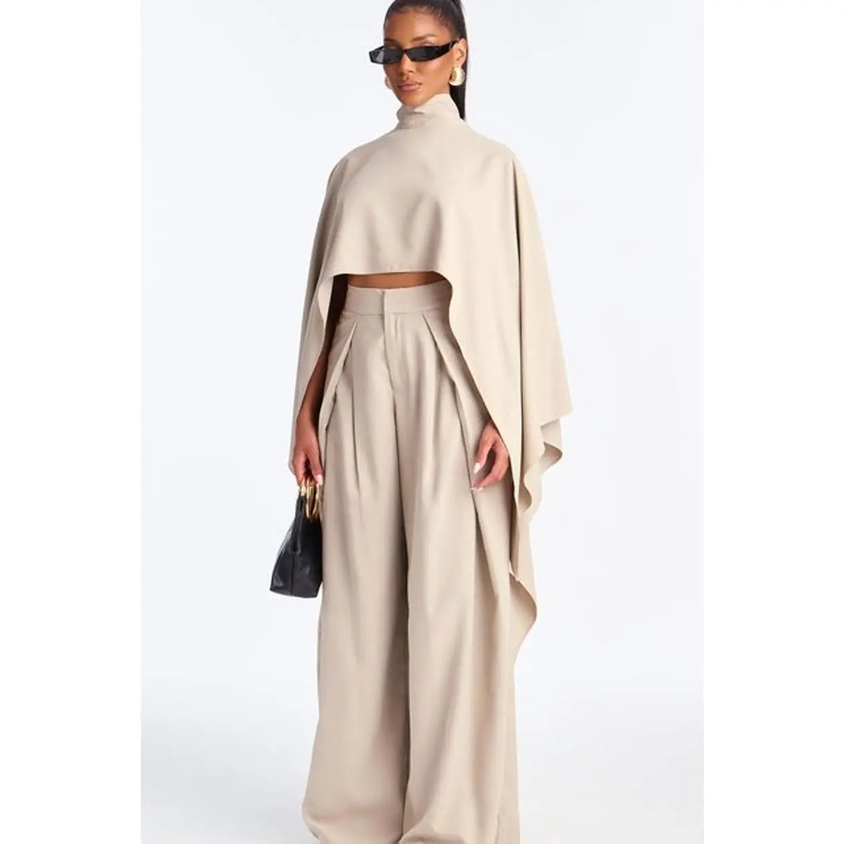 Women's 2-Piece Casual Pant Set - Taupe Polyester Cropped Blouse, Wide Leg Pants with Pockets, Moderate Stretch, Zipper Detail, Loose
