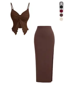 Two-Piece Set Women's Solid Spaghetti Strap Sleeveless Twist Front Crop Top & Split Hem Skirt Set, Casual Fashion Cozy Lady Two-piece Outfits for Daily Outdoor Wear, Women Clothing for Spring Fall, Suits, Summer Set, Womenswear