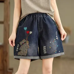American retro spice girl style cat Embroidery Denim Shorts Women Summer Elastic Waist Kawaii Jean Shorts Denim Hot Pants - Trendy travel sunglasses for summer