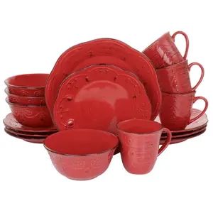 212 MAIN 16-Piece Rustic Birch Stoneware Dinnerware Set, Red Round Shape with Scalloped Edge, Embossed Detail, Microwave-Safe Bowls and Plates, Dinnerware Sets