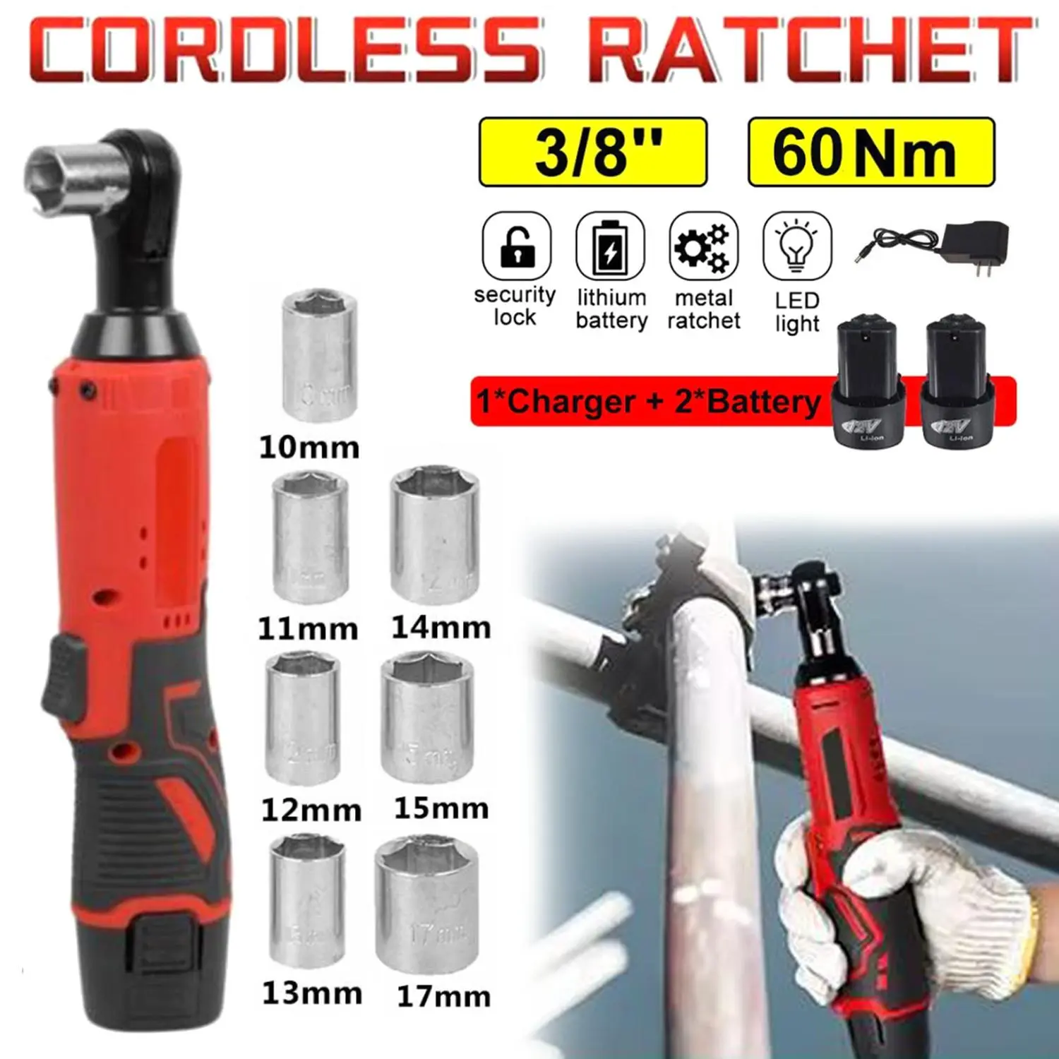 Electric Right Angle Ratchet 3/8" 12V Cordless Kit | 2 Batteries + 7 Sockets + Charger | 60N.m Torque 2000RPM | Overheat Protection | Slim 3CM Head | 4 Colors + Extendable Choice