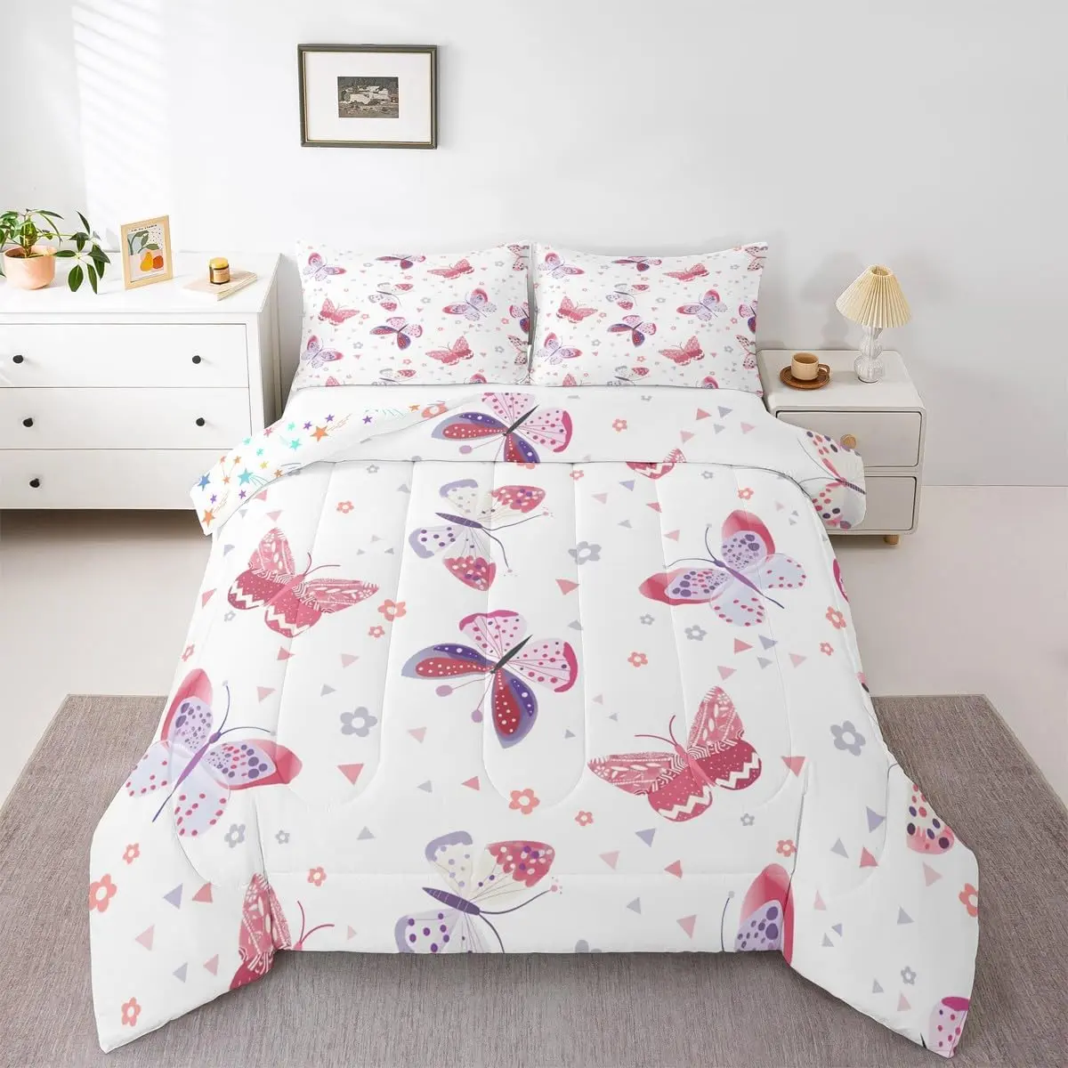 Butterfly Bedding Set Soft for Boys Girls,Geometric Comforter Set Colorful Butterfly Duvet Quilt Microfiber Flower Bedroom Decor