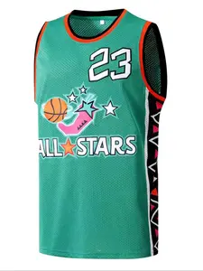 Men's 23 Green Embroidered Vintage Basketball Jersey, Casual Short Sleeve Vest, Fitted H Type Silhouette, Summer Kint Fabric, Long Clothing Length, Sports Jersey