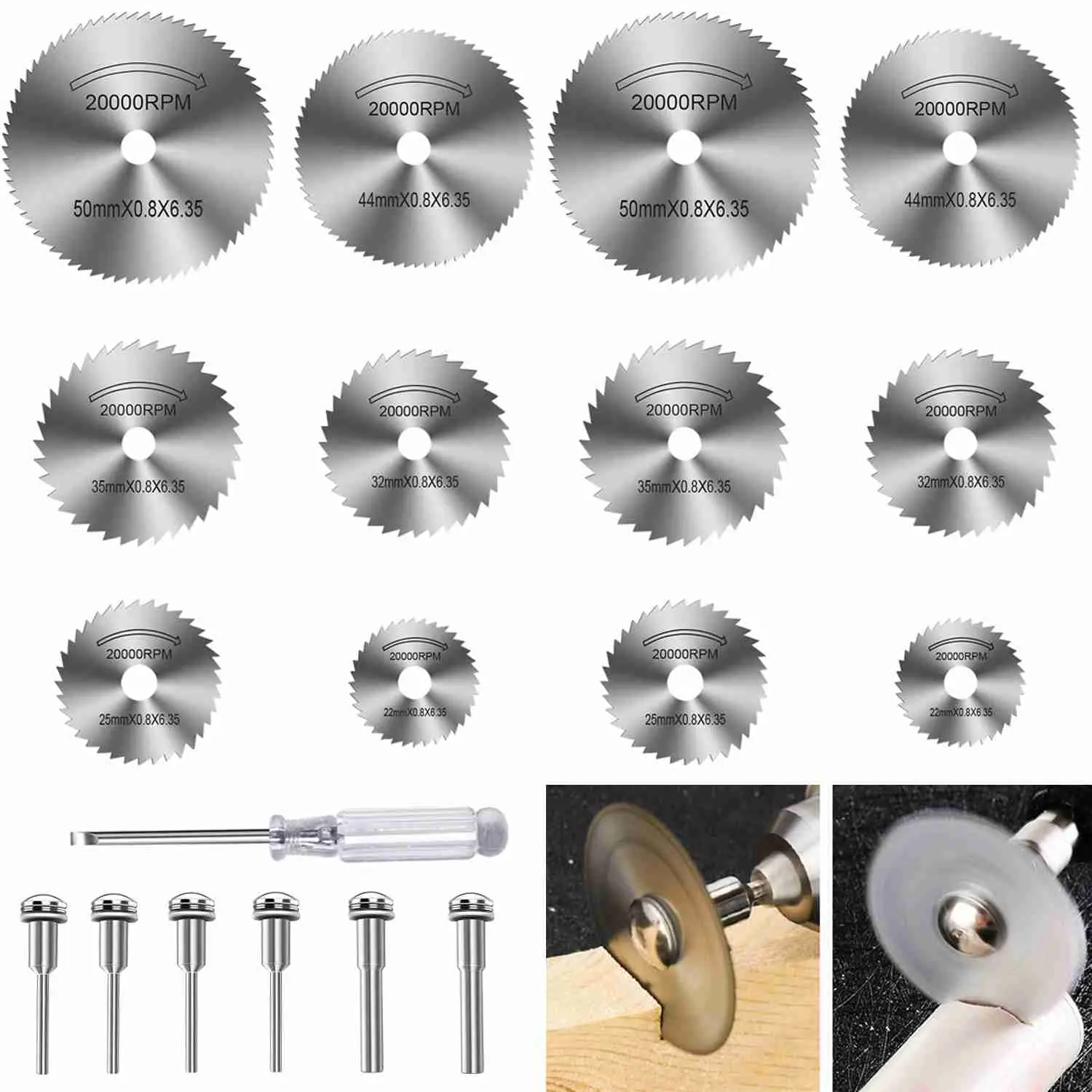HSS Saw Blades for Dremel Rotary Tool, 12-Piece Cutting Disc Wheels with 4 x 1/8" Round Shanks, 2 x 1/4" Round Shanks & 1 Screwdriver for Wood, Plastic, Aluminum Cutting