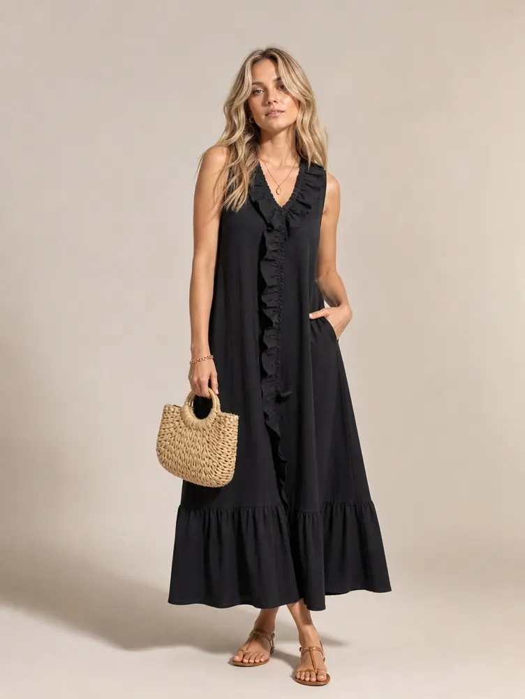 2026 Summer Sleeveless V Neck Maxi Dress Ruffle Trim Front Cascading Ruffle Hem Flowy Tiered Long Outfit Trendy Women Loose Vacation Dress Ideal For Beach Trip Garden Party Picnic Date Night Outdoor Gathering Boho Casual Going Out Fashion Chic Style Women