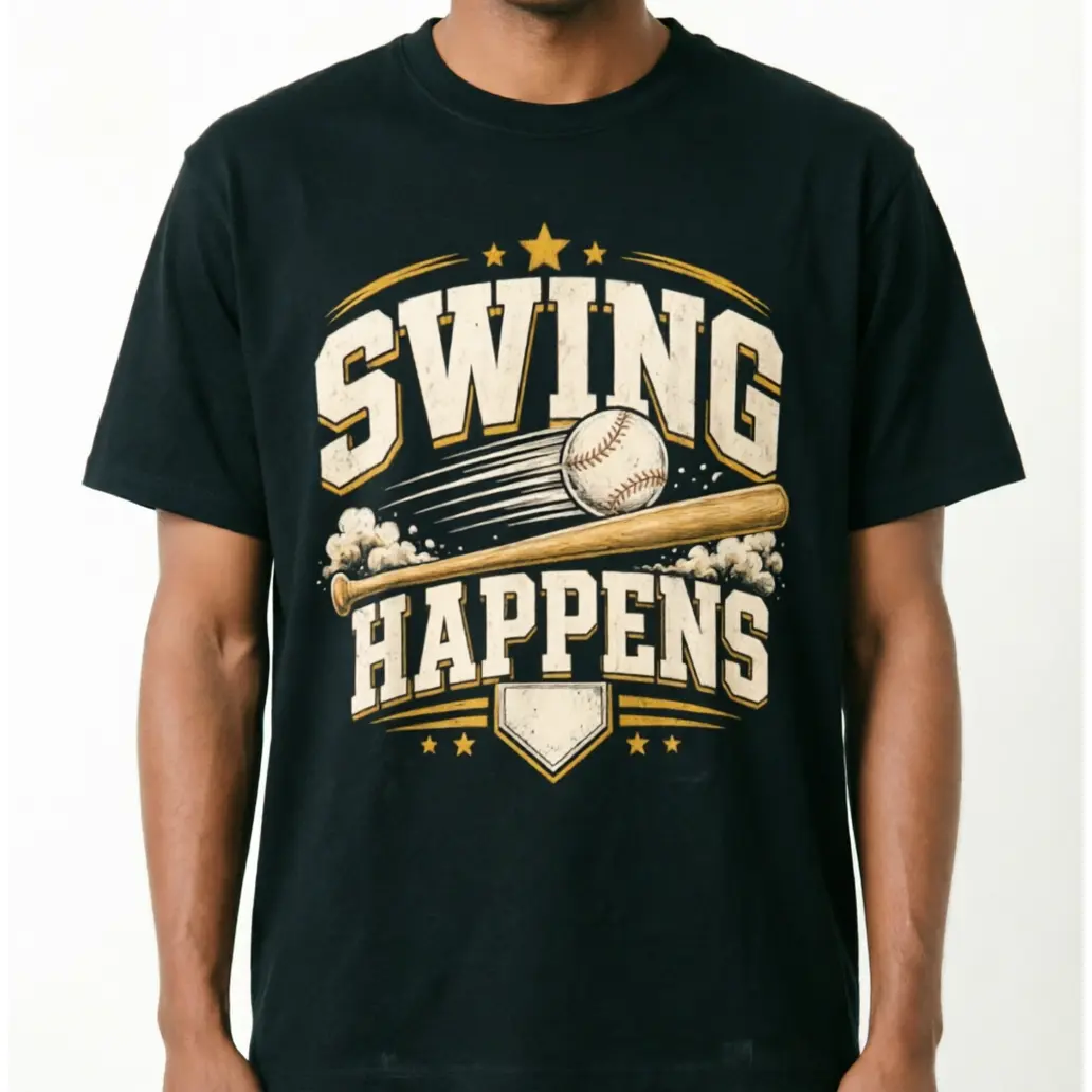 Swing Happens Funny Vintage Baseball 90s Graphic Pun T-Shirt Casual Crew Neck Short Sleeve Funny Summer Cotton Black Blue Tees Gift For Men Dad Baesball Lovers Regular Fit Comfortable Men 2000s Clothing