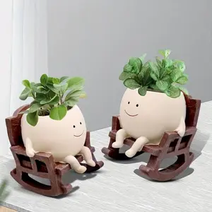 Smily Face Planter Pot, 1 Piece Cartoon Design Resin Pot for Indoor Plants, Cute Sit Rocking Chair Succulent Flower Pots with Drain Hole, Decorative Flower Pot for Home Office Desk, Swinging Planter