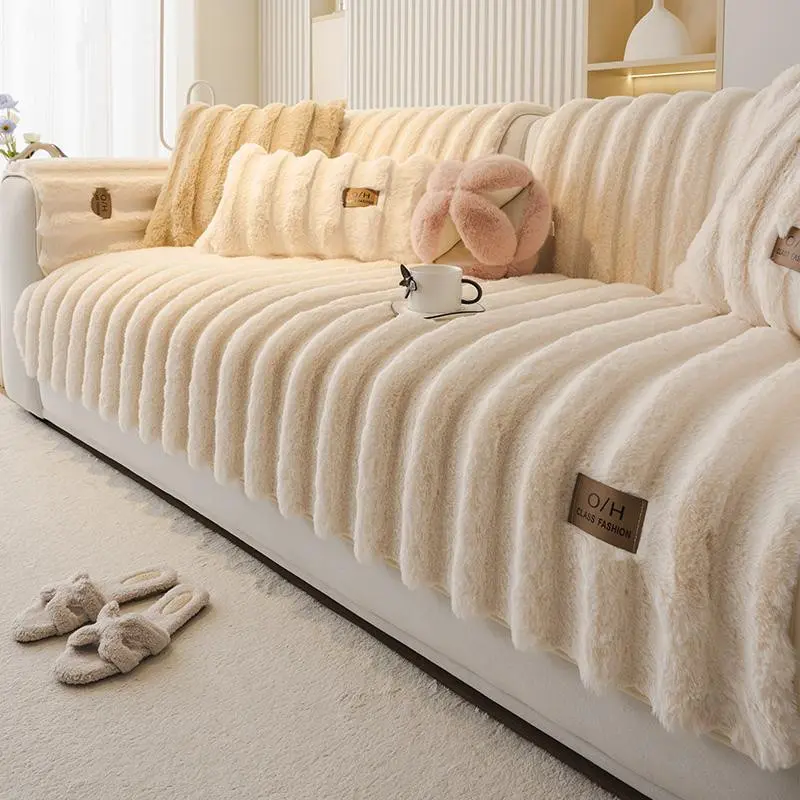 Luxury Faux Rabbit Fur Sofa Cushion, Non-Slip Single Piece Cover, Sofa Slipcover, Couch Slipcover, Ultra Soft Plush Material, Winter Warmth, Pet Friendly, Perfect Living Room & Bedroom Decor