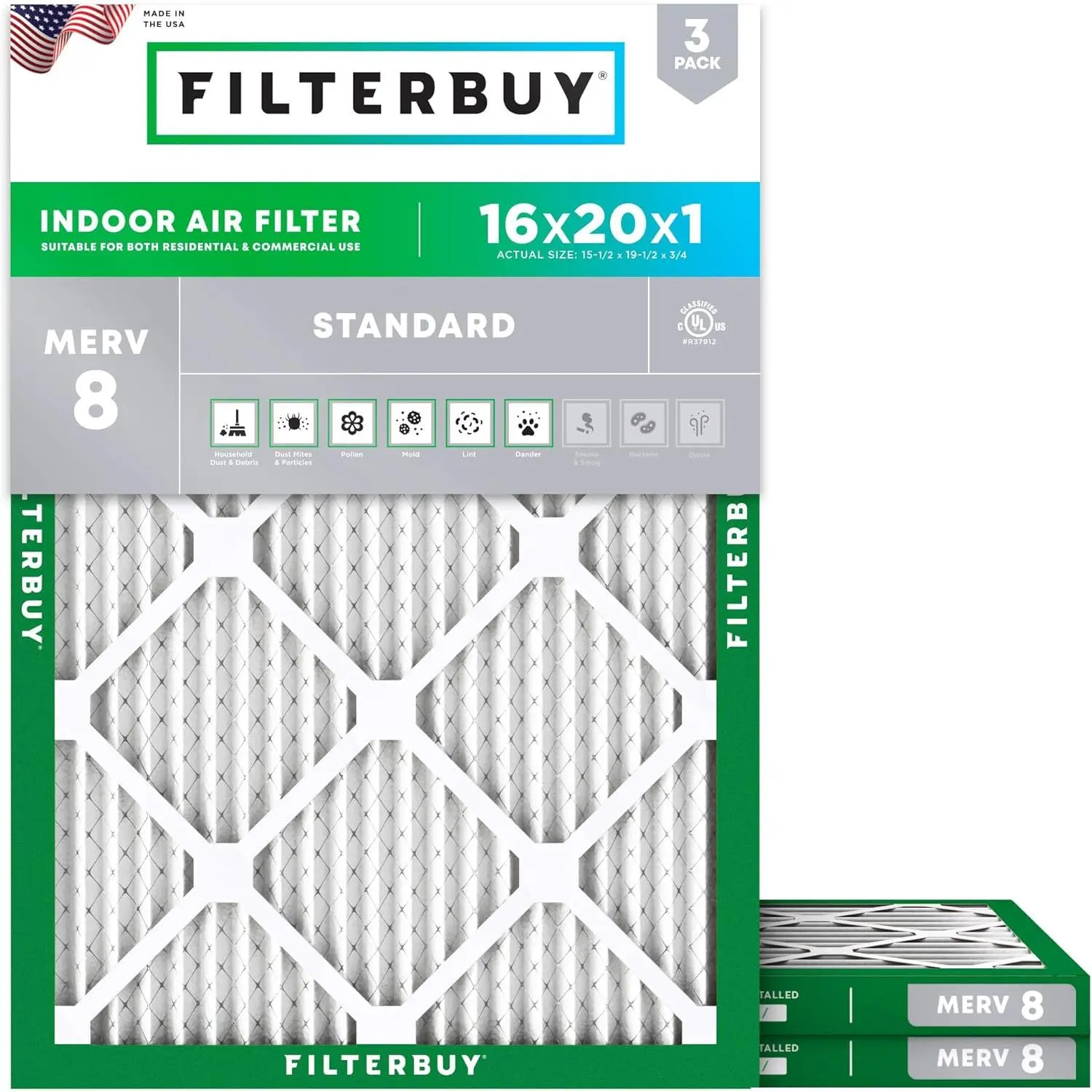 Filterbuy 16x20x1 HVAC AC Furnace Air Filter (3-Pack) - Pleated MERV 8 Dust Defense Replacement Filter for Health, Protection & Cleanliness (Actual Size: 15.5"x19.5"x0.75"), Dust Capture