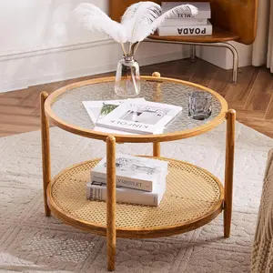 VINGLI 25.6" Rattan Coffee Table, Round Water-Wave Glass Metal Center Table, Modern Coffee Table with 2-Tier Storage, Farmhouse Circular Table for Living Room and Small Space, Natural Vibe