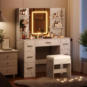 Marble White Makeup Vanity Desk with Mirror & LED Lights 7 Drawers Hair Dryer Holder Cushioned Stool Power Outlets & USB Charging Modern Dressing Table for Bedroom Women & Girls