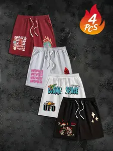 4 Pcs Plus Size Men's Space Skull Print Casual Graphic Loose Shorts, Street Style, Multi-Color Elastic Waist, Universe/ufo/skull Print