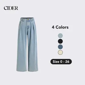 Cider [4 colors, size 0-26] Denim Pleated Wide Leg Jeans