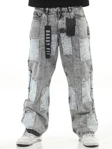 Men's Patchwork Baggy Denim Jeans - Relaxed Fit, All Seasons, Durable Design, Comfortable Material, Blue & Khaki Vintage Fade, Ideal for Casual Outings