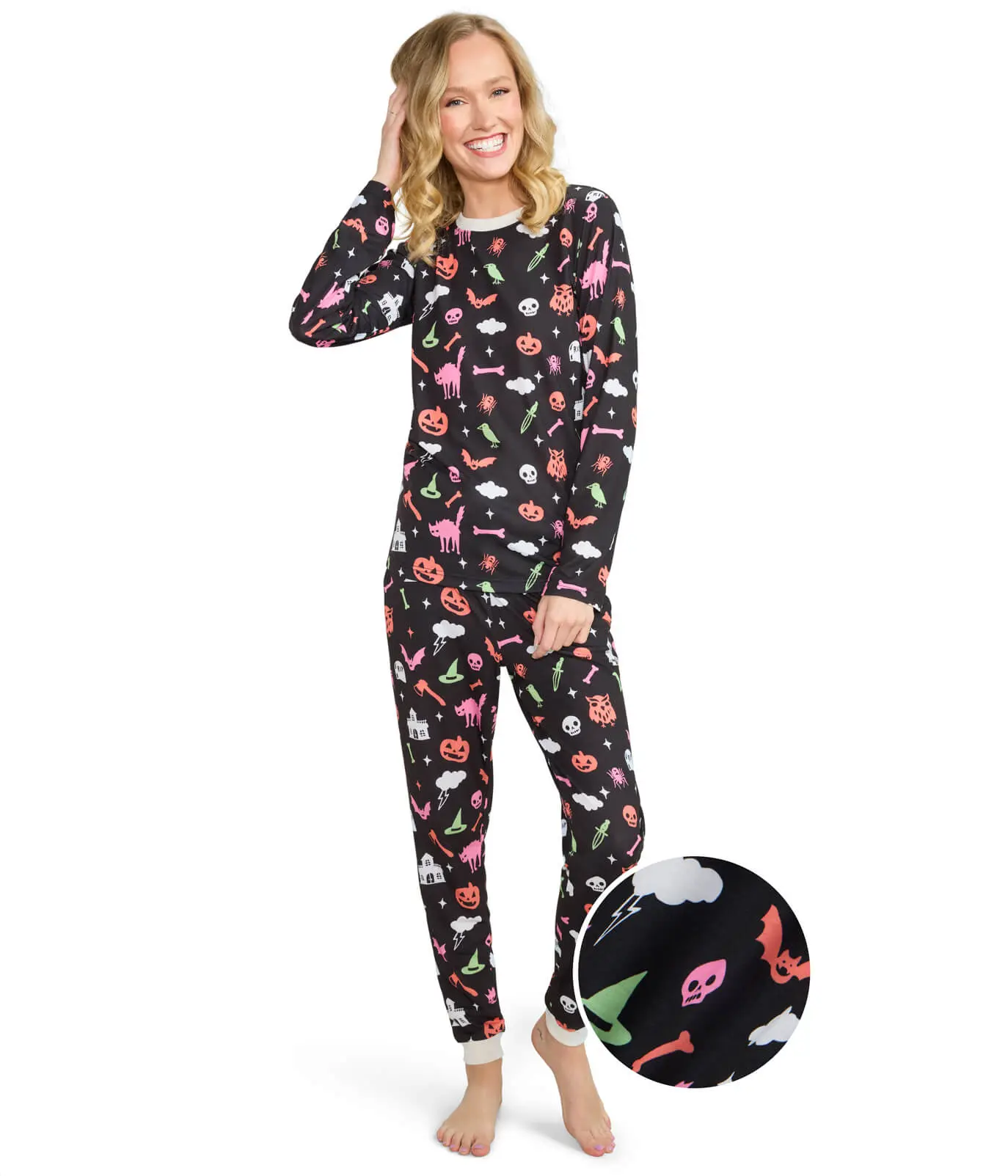 Women's 2-Piece Halloween Pajama Set - Ultra-Soft Fabric, Long Sleeve Button-Down, Black Magic Prints, Nightwear Loungewear