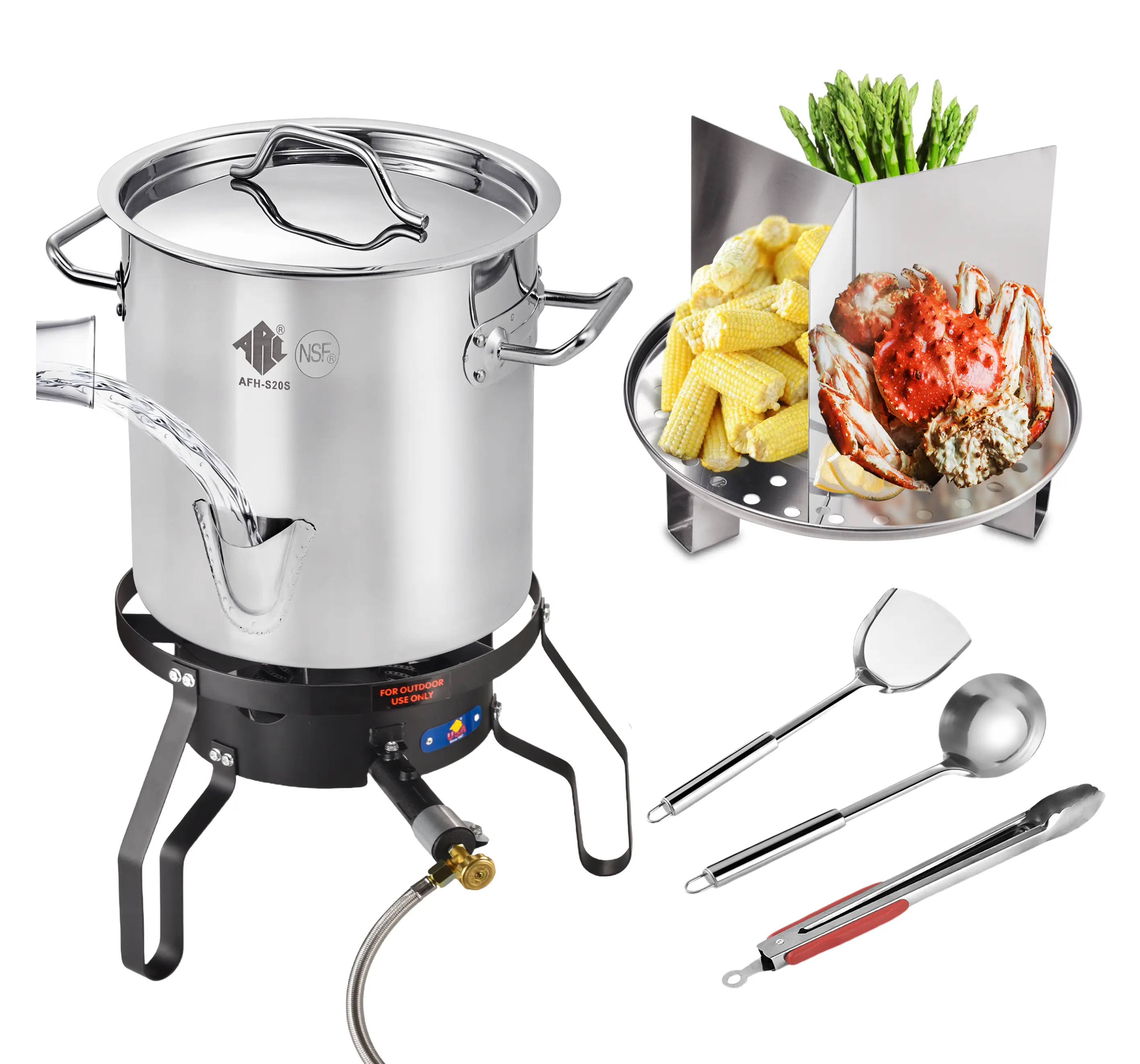 40/52QT Stainless Steel Steamer Pot With Portable Propane Burner Set For Outdoor Cooking, Seafood Crab-Vegetable-Tamale Large Pot with Water Spout, Dividerand Steamer Rack, High Efficiency Stove