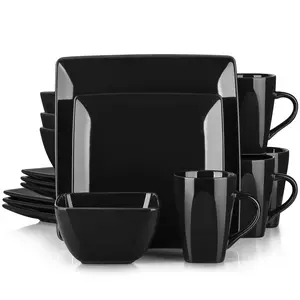 Stoneware Square Dinner Set, 16 Piece Black/White Dinnerware Service Set, Kitchen Plate Crockery Set with Dinner Plate, Dessert Plate, Bowls and Mug, Service for 4